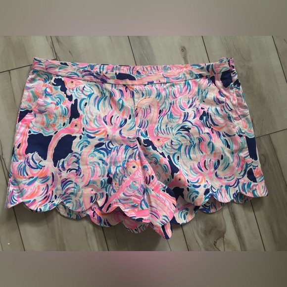 Lilly Pulitzer Pink and Blue Patterned Scalloped Hem Shorts - Picture 1 of 8